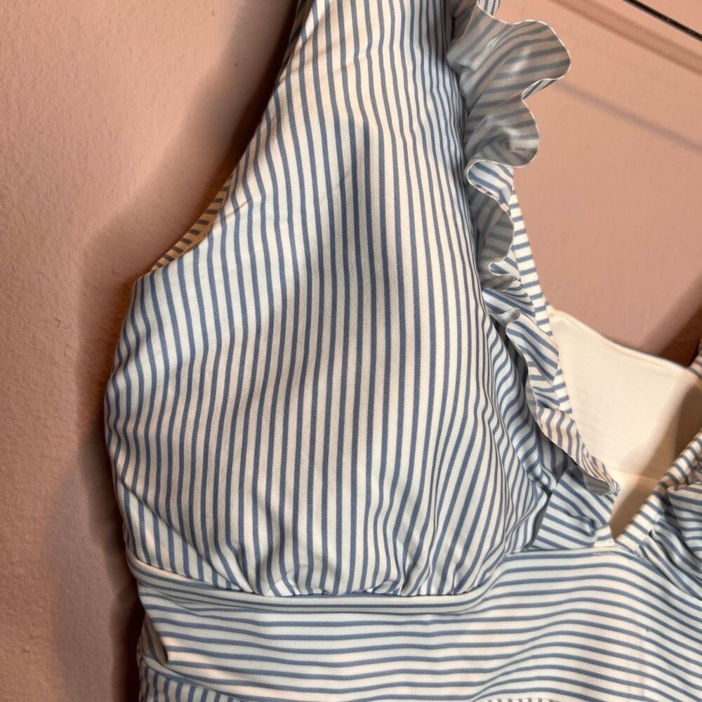 H&M striped one piece swimsuit ruffle on neck very cute - Picture 2 of 7